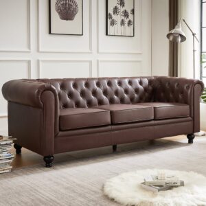 Hertford Chesterfield Faux Leather 3 Seater Sofa In Antique Brown