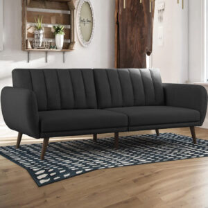 Brittan Fabric Sofa Bed With Wooden Legs In Dark Grey